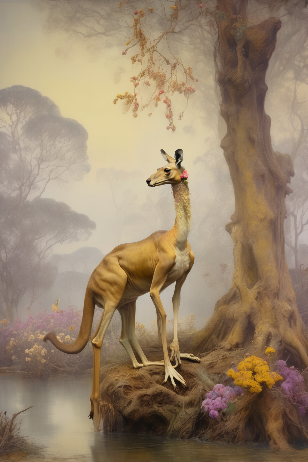 00363-2859044785-_lora_Richard Dadd Style_1_by Richard Dadd Style - foreground is skinny tall kangaroo sitting on a small tree trunk, muted yello.png